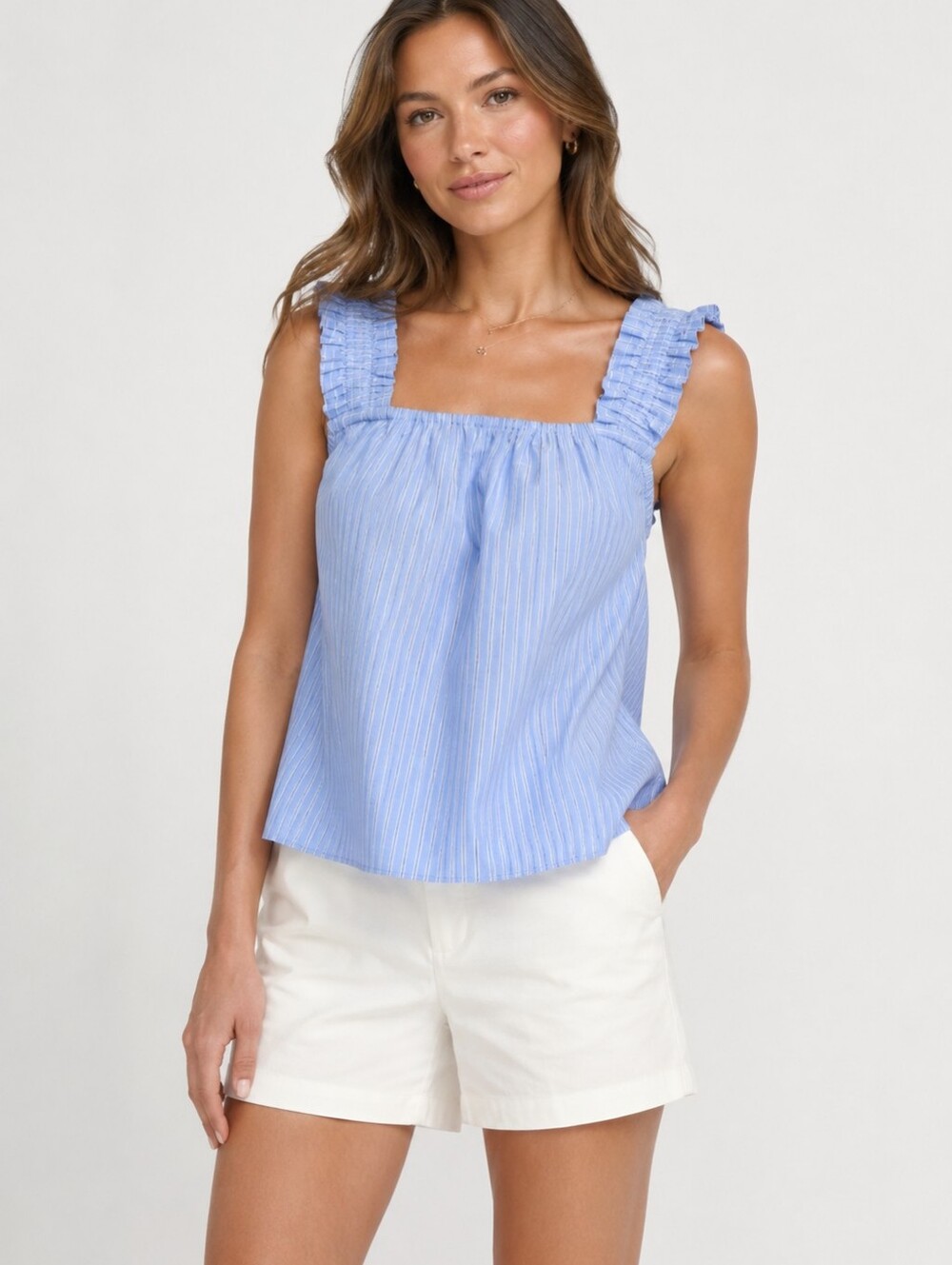 On 34th Blue Striped Ruffle Strap Tank Top XL NWT